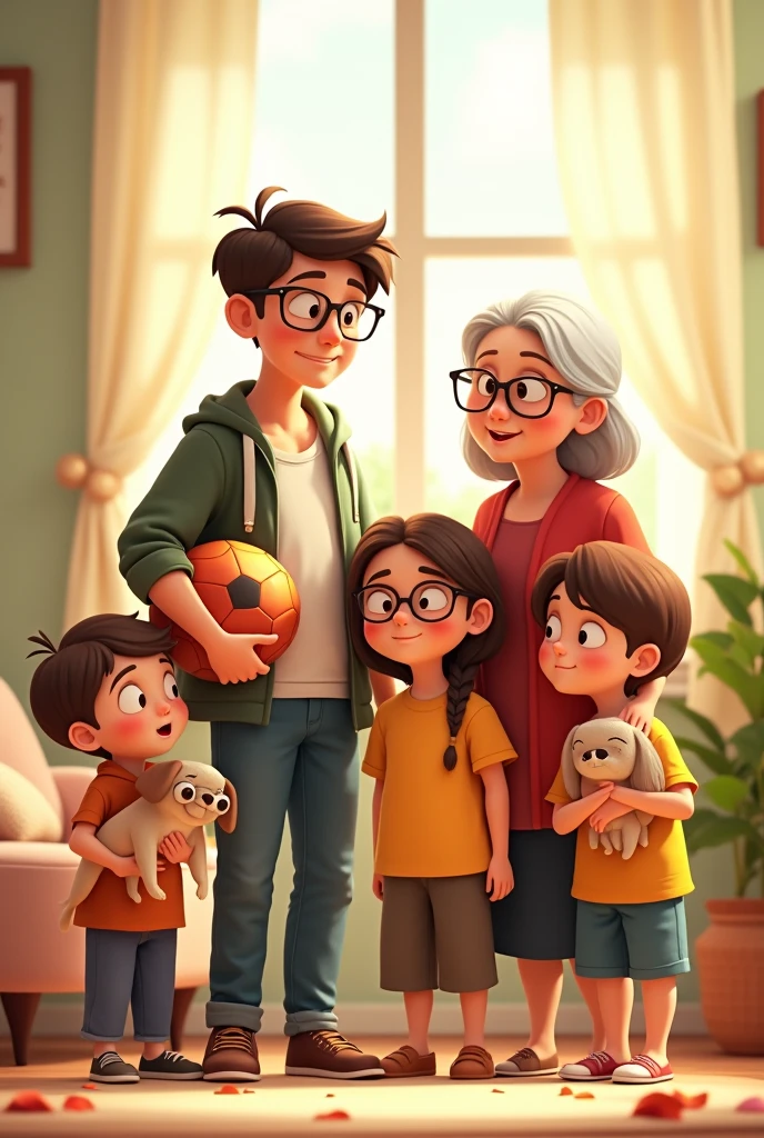 ANIMATED IMAGE OF A MOM WITH GLASSES, NEXT TO HIM THE ELDEST SON WITH A BALL IS TALL. NEXT DOOR IS THE MIDDLE SISTER, WITH GLASSES CARRYING A DOG. NEXT TO HIM IS THE YOUNGER BROTHER AND NEXT TO HIM IS A GRANDMOTHER