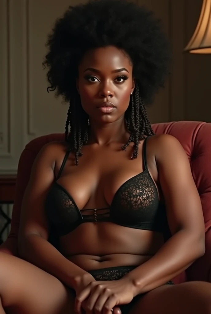 beautiful domineering african woman, dominatrix, 30years, thick girl, afro braid in hair, sitting on a man's face, on chair