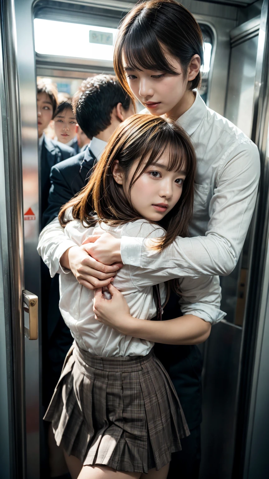 Browsing Caution, Crowded train, ((25 year old office lady)), ((Height: 165cm)), Japan , Handsome boy hugging his girlfriend from behind, Talk in her ear, Lift her up, Miniskirt twisted up, 40k, photograph, masterpiece, Highest quality, Dark Gray Background, ((Japan girls' high school uniform)), A boy is leaning on her from behind、i held you up, Girl gets violated from behind, Very large breasts