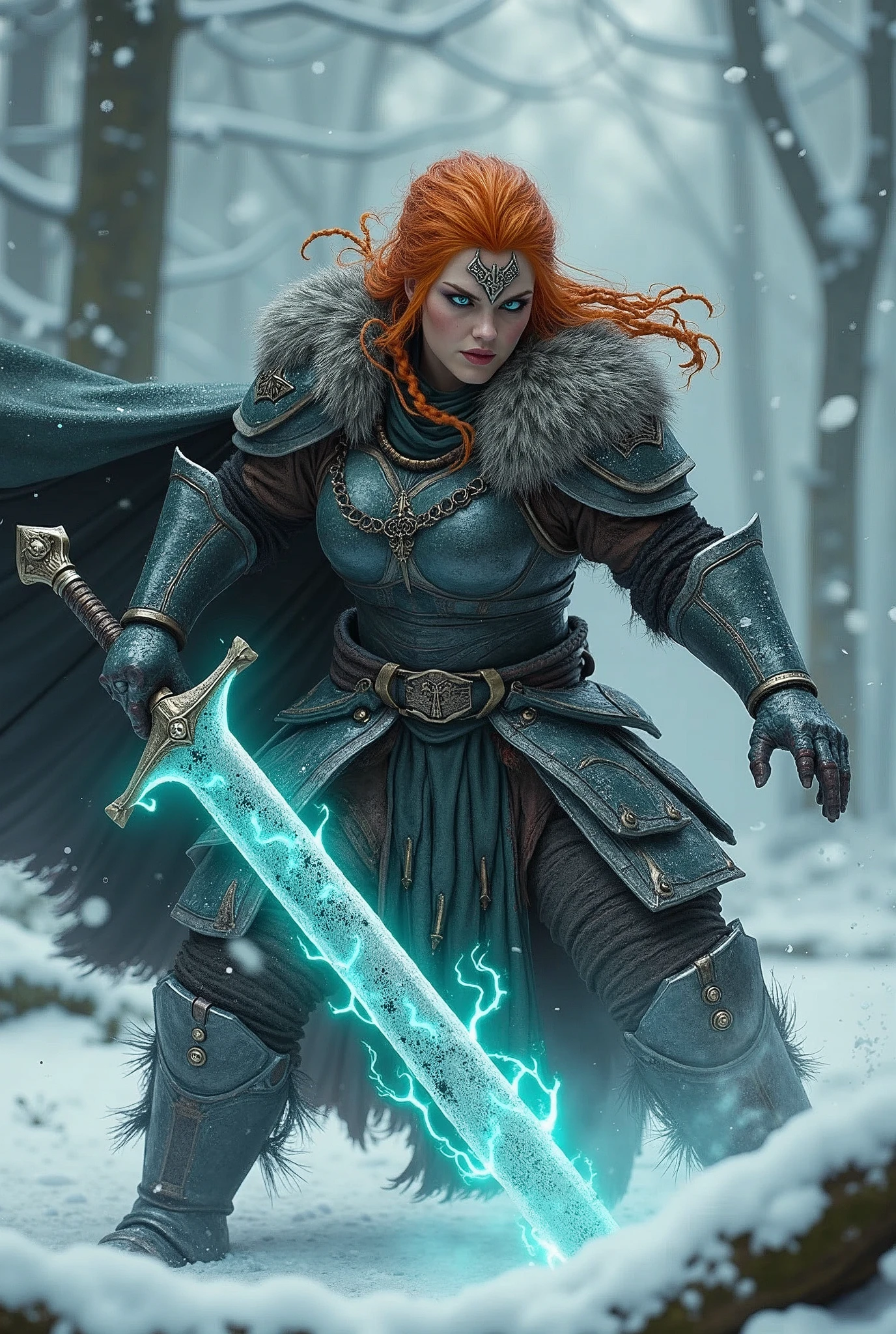 ((upper torso, armored female barbarian savage, battle worn black chrome lacquered armor, fur, black cloak, ((((thicc, round face)), [bright orange hair:dark hair:0.6]))), iceblue eyes, blackout eyeshadow, iron tiara), braids, massive glowing seafoam lightning engraved sword, windy, outdoor frozen snow snowy forest, dynamic battle pose, lunging, side view
