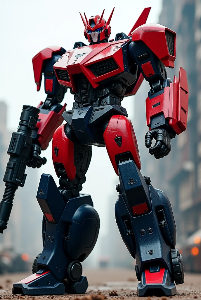 A red and dark blue robot capable of transforming into a Lamborghini Aventador fused with an M1126 Stryker 1/72; with a cannon on his arm as a replacement for his right hand