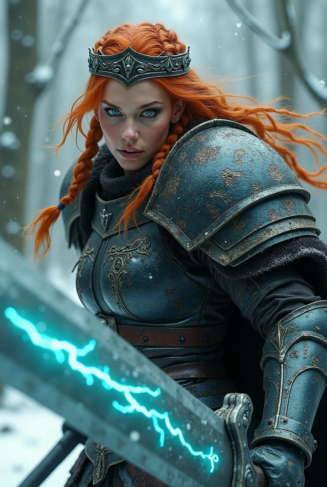 ((upper torso, armored female barbarian savage, battle worn black chrome lacquered armor, fur, black cloak, ((((thicc, round face)), [bright orange hair:dark hair:0.6]))), iceblue eyes, blackout eyeshadow, iron tiara), braids, massive glowing seafoam lightning engraved sword, windy, outdoor frozen snow snowy forest, dynamic battle pose, lunging, side view
