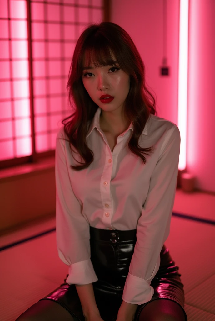 ((Chinese Idol))　Mature Woman　((Plump, bright red lips with lipstick))　Big Breasts　Chubby　A healthy figure　((Brown hair with bangs))　((Looking into the camera))　Sit with your legs apart　((White button-up shirt with black patent leather tight skirt and black stockings))　　布団の上にSit with your legs apart　look down　((A bedroom with shoji and tatami mats lit up in pink neon lights))　