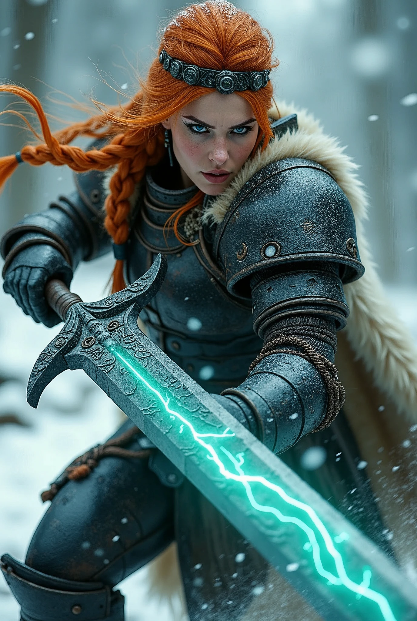 ((upper torso, armored female barbarian savage, battle worn black chrome lacquered armor, fur, black cloak, ((((thicc, round face)), [bright orange hair:dark hair:0.6]))), iceblue eyes, blackout eyeshadow, iron tiara), braids, massive glowing seafoam lightning engraved sword, windy, outdoor frozen snow snowy forest, dynamic battle pose, lunging, side view

