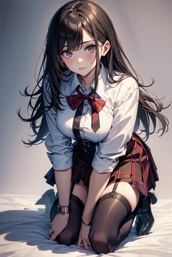 Highest quality，masterpiece，The ultimate solution，fluffy，Very colorful，Mature beautiful woman，（JK Uniform），tie，（Beautiful Woman&#39;s Head），Normal posture，Red Lip，（Kneeling pose），bondage，guillotine，Behead，collar，handcuffs，anklet，（White suspender stockings），（Pointing at you with my ass），Mary Jane Shoes，Normal posture