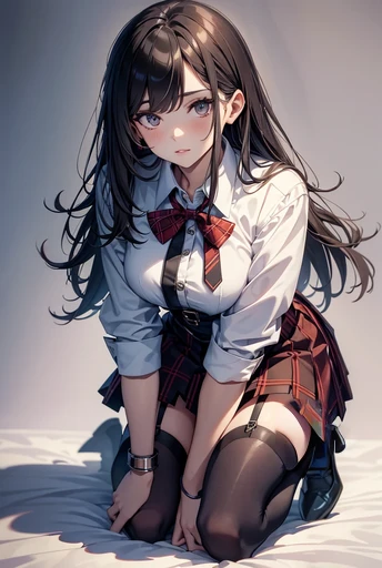Highest quality，masterpiece，The ultimate solution，fluffy，Very colorful，Mature beautiful woman，（JK Uniform），tie，（Beautiful Woman&#39;s Head），Normal posture，Red Lip，（Kneeling pose），bondage，guillotine，Behead，collar，handcuffs，anklet，（White suspender stockings），（Pointing at you with my ass），Mary Jane Shoes，Normal posture