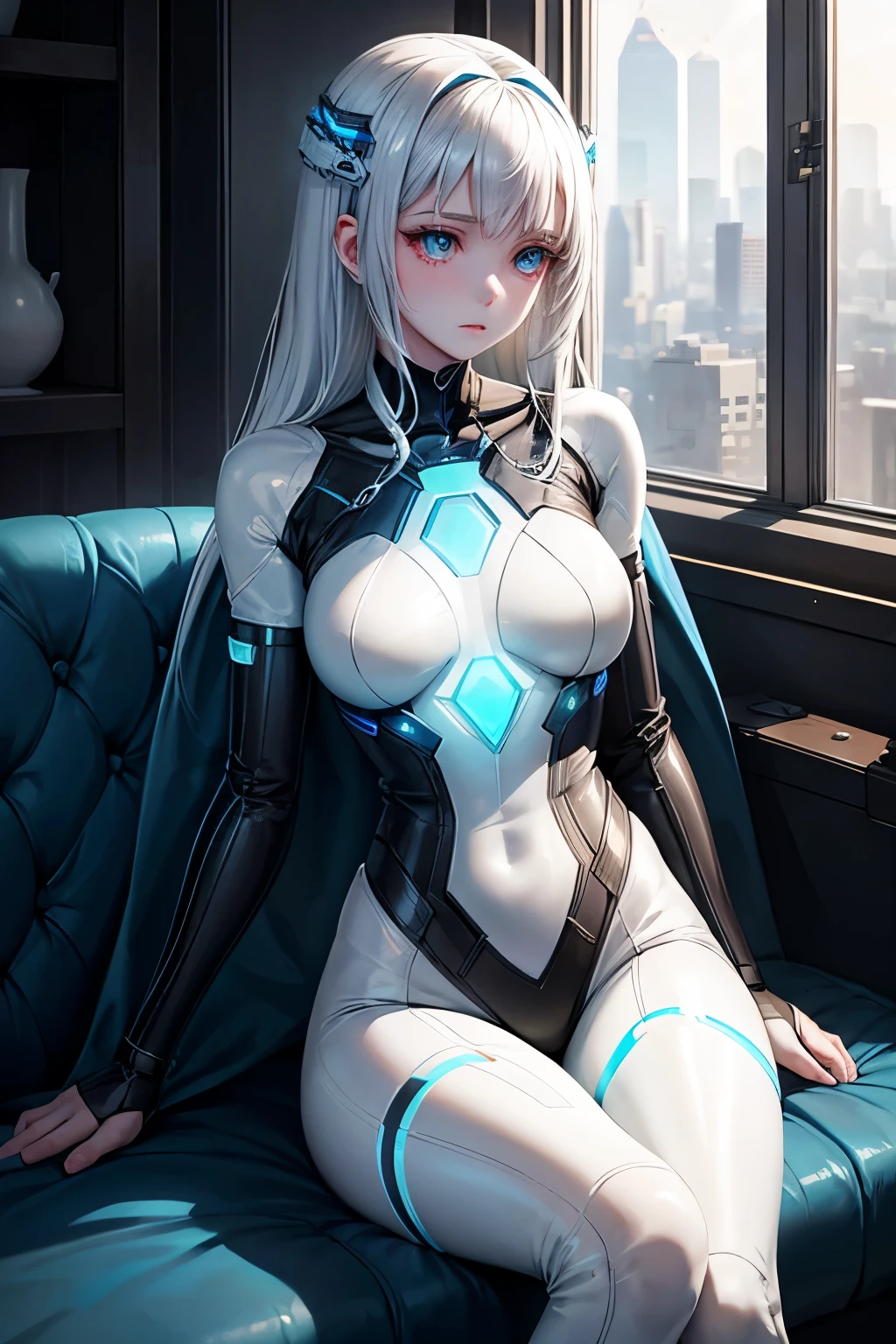 1 girl android with an ethereal, humanlike appearance. She has flawless, porcelain-white skin with a subtle metallic sheen, and luminous multicolor eyes that glow softly. Her sleek, platinum hair falls in smooth waves to her shoulders. She wears a form-fitting, futuristic outfit made of black and silver synthetic fabric, accentuated by faintly glowing blue circuitry patterns. Her expression is calm and inquisitive, with a gentle yet distant aura. She should have an athletic yet slender build, with fine details hinting at her artificial nature, such as faint seams along her joints and a subtle glow emanating from her chest and limbs. She is sitting on a coach