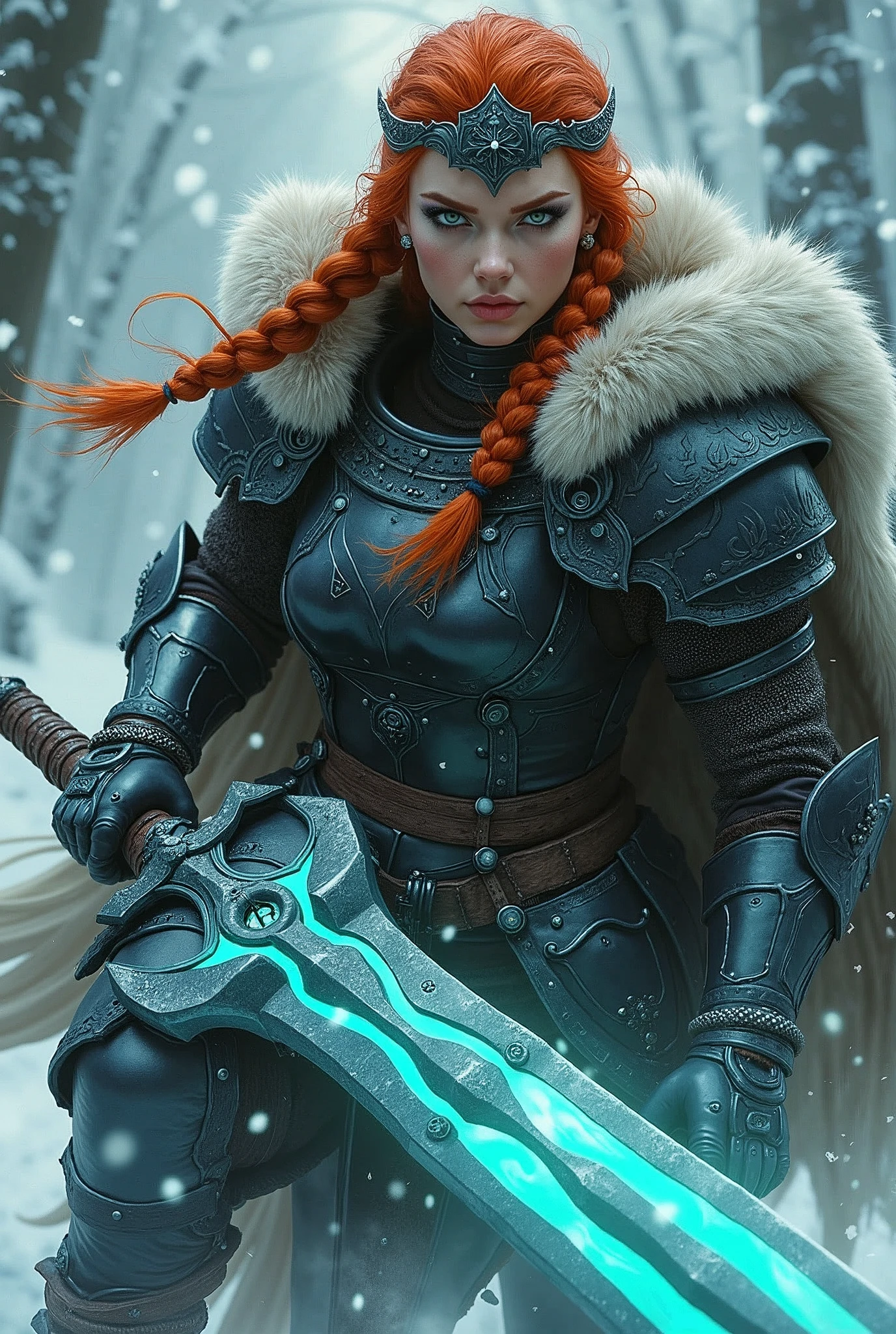 ((upper torso, armored female barbarian savage, battle worn black chrome lacquered armor, fur, black cloak, ((((thicc, round face)), [bright orange hair:dark hair:0.6]))), iceblue eyes, blackout eyeshadow, iron tiara), braids, massive glowing seafoam lightning engraved sword, windy, outdoor frozen snow snowy forest, dynamic battle pose, lunging, side view
