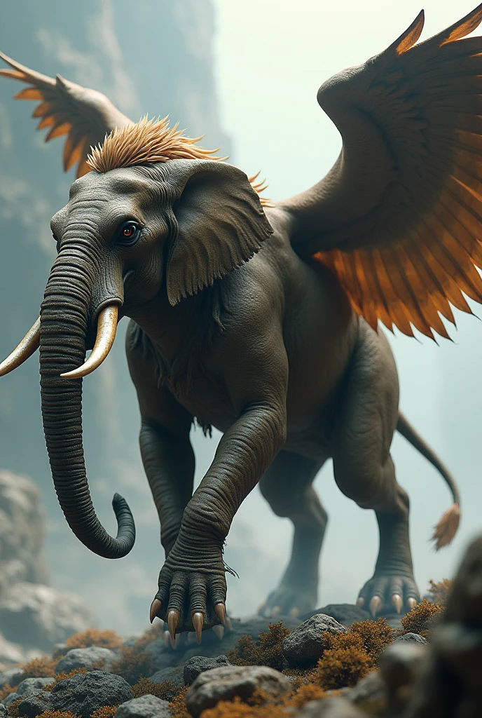 The head of an elephant, the body of a lion and the tail of an eagle with wings deadly create