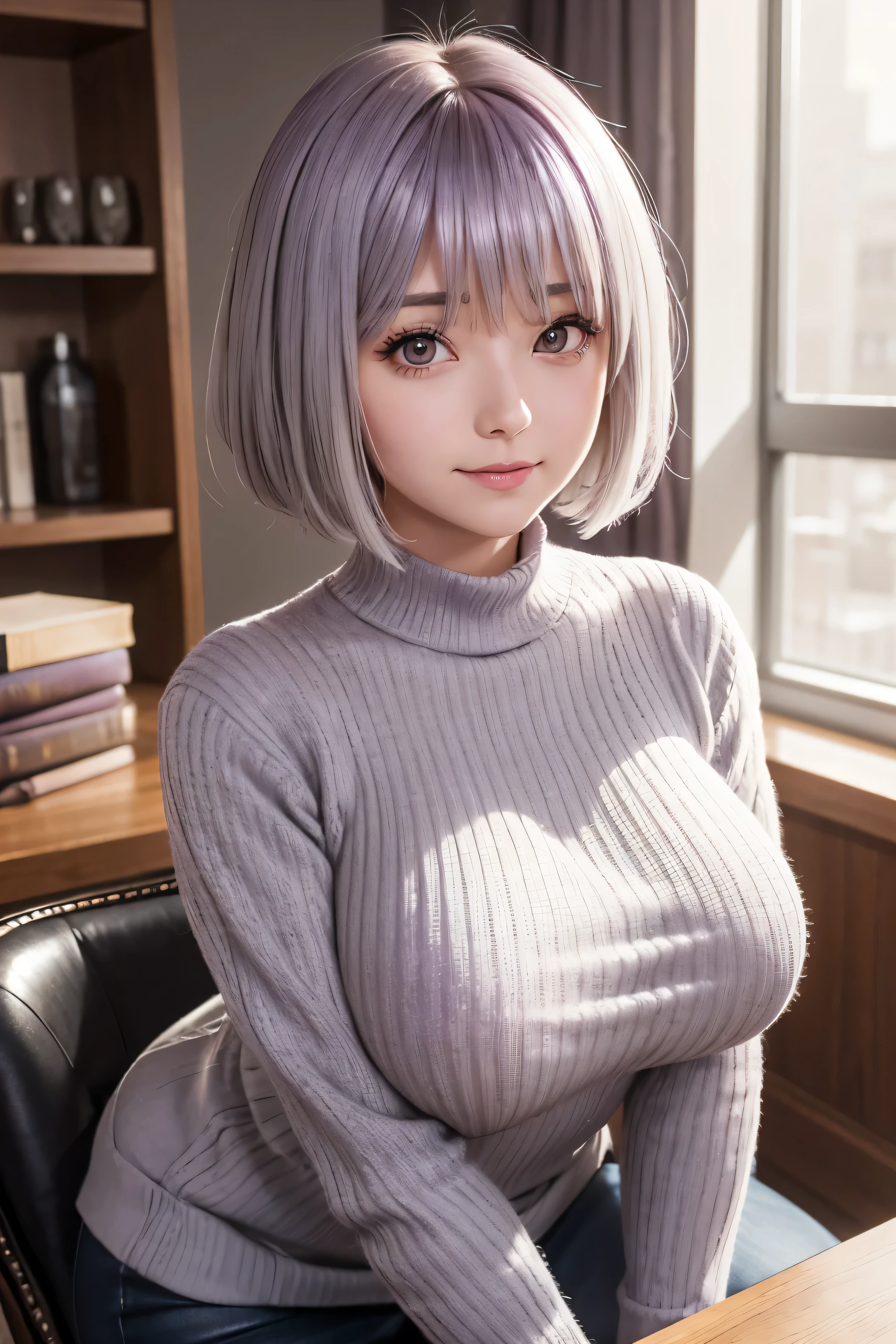Best Images, Portraiture, Cute Woman, Happy, shy, Grey shiny braided bangs and rainbow short hair, Ahoge, Big bright purple glowing eyes, Huge breasts, great proportion, Brown fluffy sweater, Sitting, breasts are on the table, background, room, Chair, table, Professional Lighting