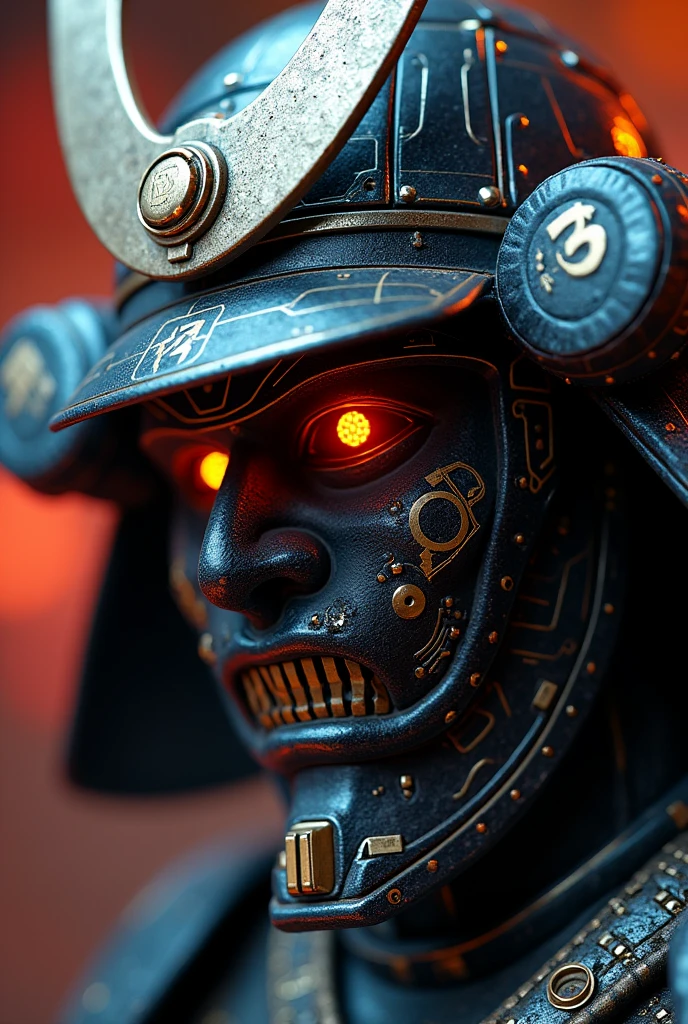 A Japanese samurai mask features components simulating electronic applications,Use on masksICComputer chip components andCPUDecorate and incorporate into the mask,The Japanese family crest is printed on it,Overall presentation of Japanese samurai mask45Degree Angle