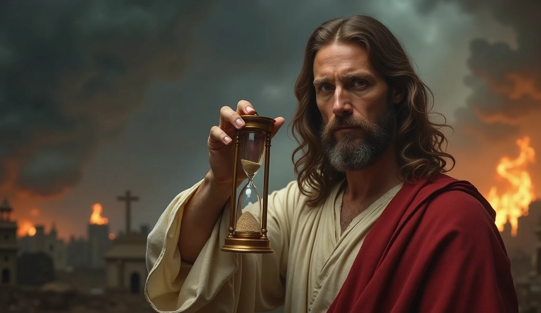"Une image à moitié du corps de Jésus, De la taille vers le haut, tenant un grand sablier bien en évidence devant lui. Le sablier est presque vide, avec seulement quelques grains de sable restants, soulignant l'idée que le temps presse. Jésus regarde directement la caméra avec une expression sérieuse. L'arrière-plan est une scène apocalyptique, avec des nuages sombres, feu, et destruction, soulignant davantage l’urgence et la gravité du moment."
