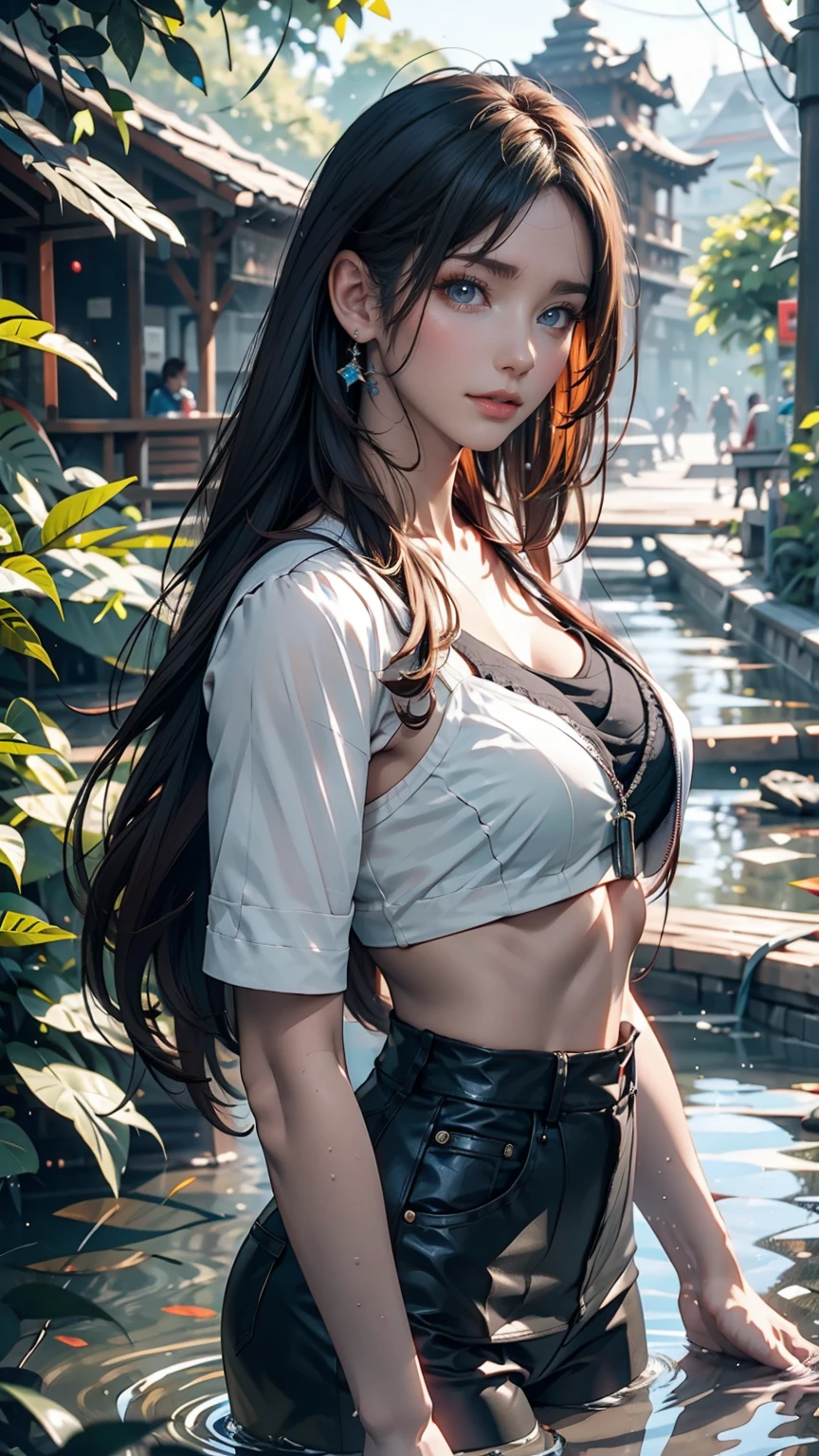 Maozonian indigenous girl, 18-year-old, Bathing in the river, In the middle of the forest, Jaguar watching from a distance, sad, Clockpunk, Gamer Core, Street Level View, Blender Rendering, 100mm, Sculpture, Rainbow colors, Medical Core, Strobe lighting, Ultra-realistic, Realistic, Octane Rendering, Unreal Engine, Super detailed, Volumetric lighting, High resolution, Octane Rendering, Fantasy 4K 8K
