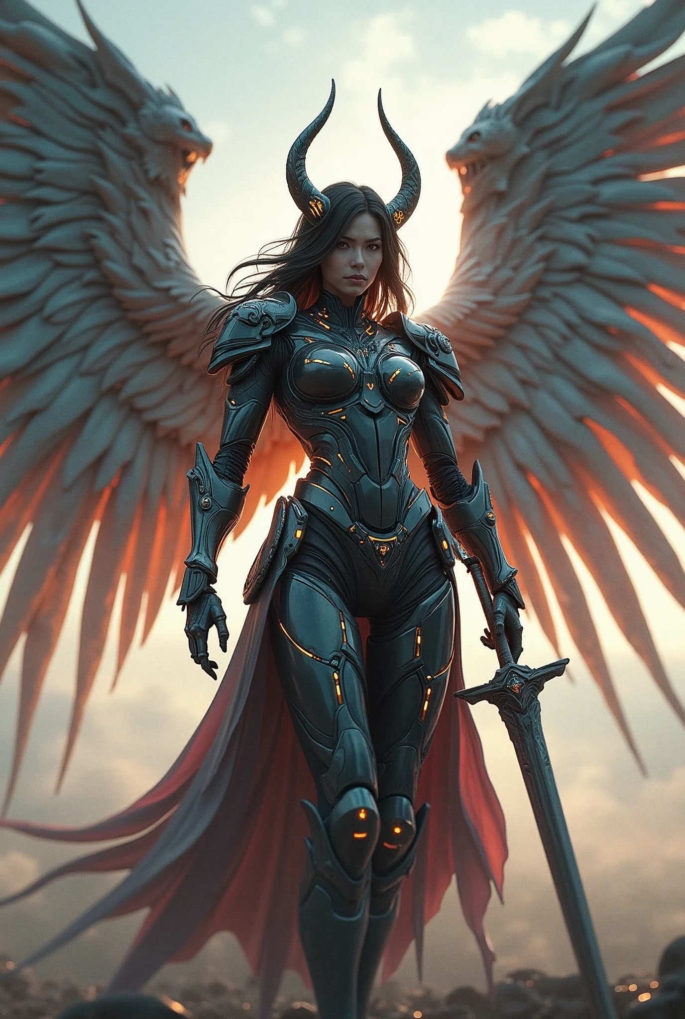 archangel lucifer,war effect,REAL - style image of a woman with a sword in a field, cyberpunk art inspired by Leng Mei, cgsociety contest winner, fantasy art, beautiful cyborg angel girl, angel knight girl, as a mystical valkyrie, battle angel, angel in plastic armor, mechanized valkyrie girl, unreal engine 4k wallpaper, wraith from apex legends, epic 8 angel wings