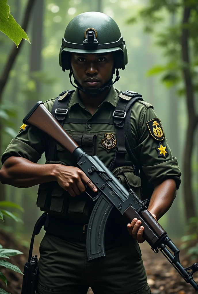 The character of a Brimob police officer complete with combat uniform and holding an AK 74 weapon on guard in the forest in a position ready to shoot the enemy.