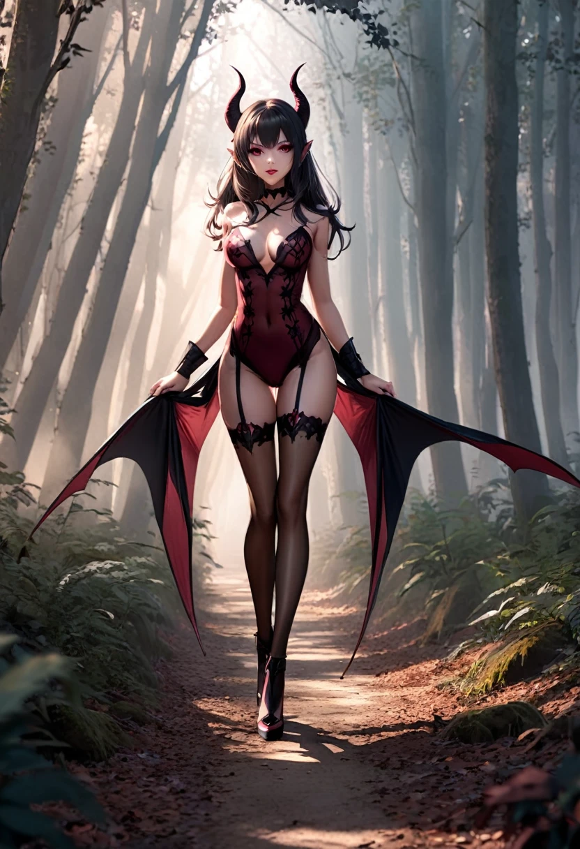 Succubus walks through a misty forest in the morning sunlight