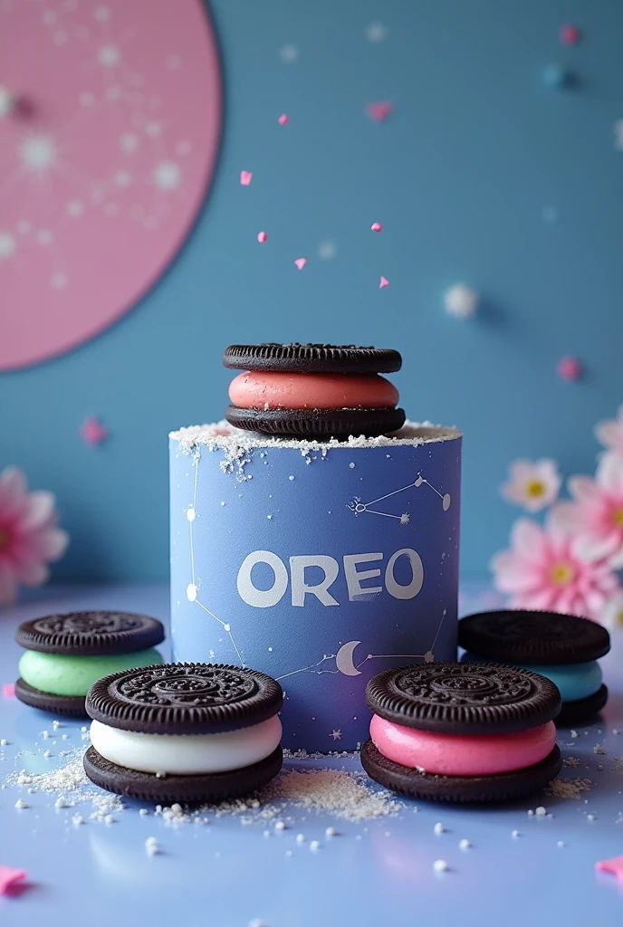 Make 4 Oreos, 1 cake has 1 filling color, green, blue, white and red pastel, with constellation printed on the cake and oreo brand name, Add constellation printed packaging