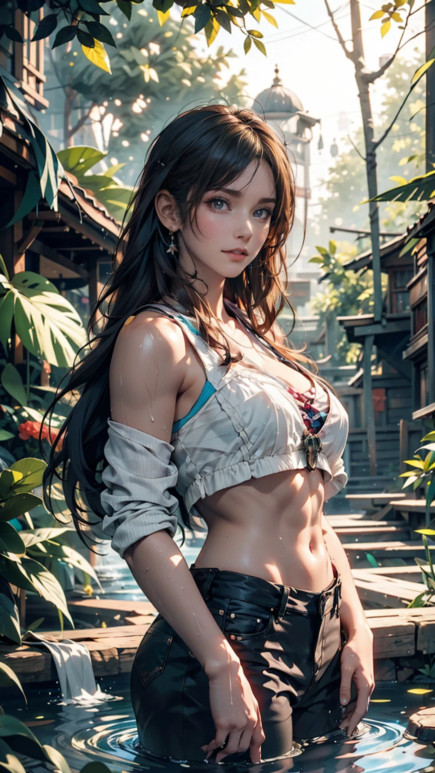 Maozonian indigenous girl, 18-year-old, Bathing in the river, In the middle of the forest, Jaguar watching from a distance, sad, Clockpunk, Gamer Core, Street Level View, Blender Rendering, 100mm, Sculpture, Rainbow colors, Medical Core, Strobe lighting, Ultra-realistic, Realistic, Octane Rendering, Unreal Engine, Super detailed, Volumetric lighting, High resolution, Octane Rendering, Fantasy 4K 8K
