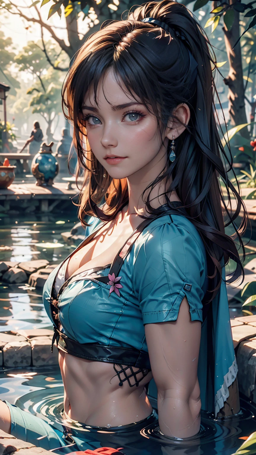 Maozonian indigenous girl, 18-year-old, Bathing in the river, In the middle of the forest, Jaguar watching from a distance, sad, Clockpunk, Gamer Core, Street Level View, Blender Rendering, 100mm, Sculpture, Rainbow colors, Medical Core, Strobe lighting, Ultra-realistic, Realistic, Octane Rendering, Unreal Engine, Super detailed, Volumetric lighting, High resolution, Octane Rendering, Fantasy 4K 8K