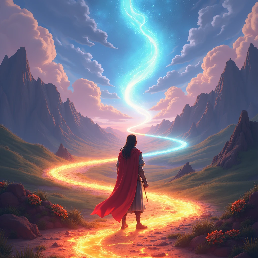 in 3d Animation style "**The first split in the path**: King Balveer encountering the three different paths representing Truth, Courage, and Patience."