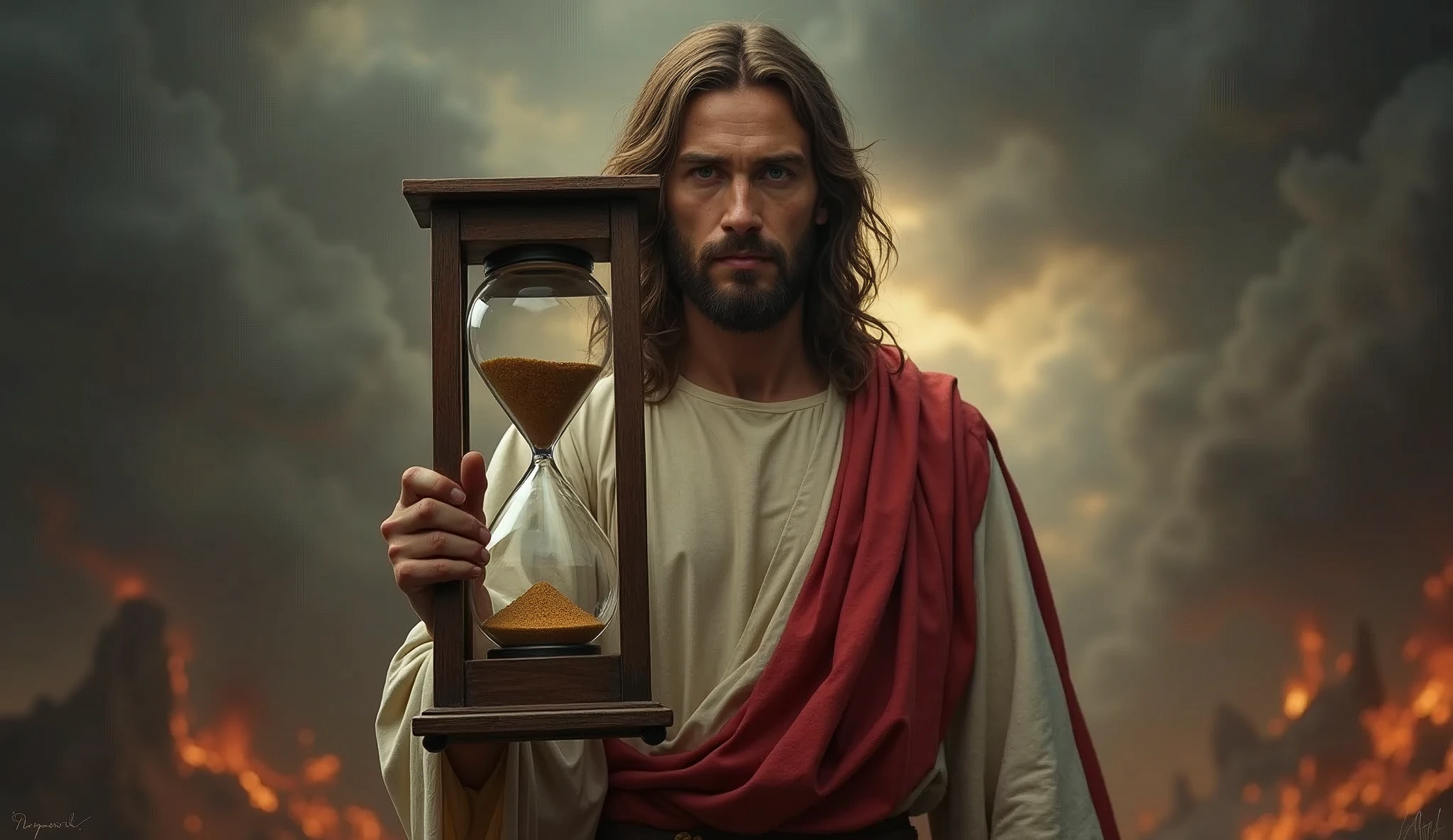 "Une image à moitié du corps de Jésus, De la taille vers le haut, tenant un grand sablier bien en évidence devant lui. Le sablier est presque vide, avec seulement quelques grains de sable restants, soulignant l'idée que le temps presse. Jésus regarde directement la caméra avec une expression sérieuse. L'arrière-plan est une scène apocalyptique, avec des nuages sombres, feu, et destruction, soulignant davantage l’urgence et la gravité du moment."