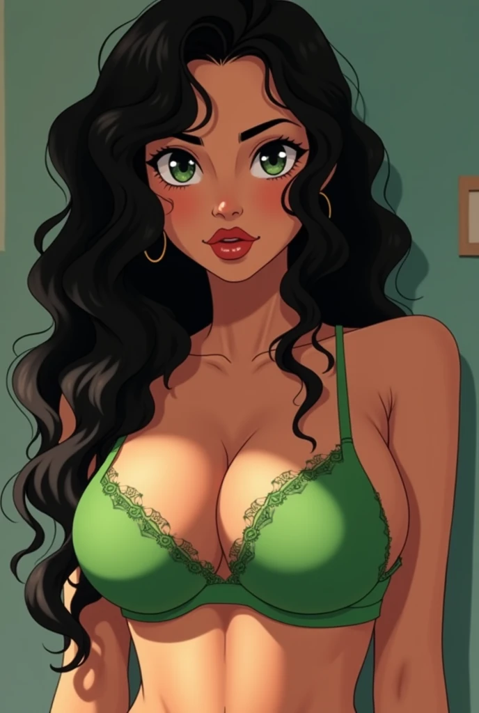 Very  hot indian anime girl with large big boobs and very  very small pussy  black curly hair wearing a green bra with a green penty