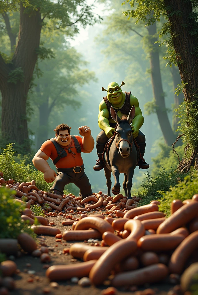 Sherk riding a donkey in the bushes, while Wreck-It Ralph demolishes dried sausages
