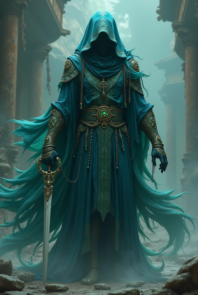 Make a monster with a blue and dark green robe with jade swords with chains as handles and a black cape 