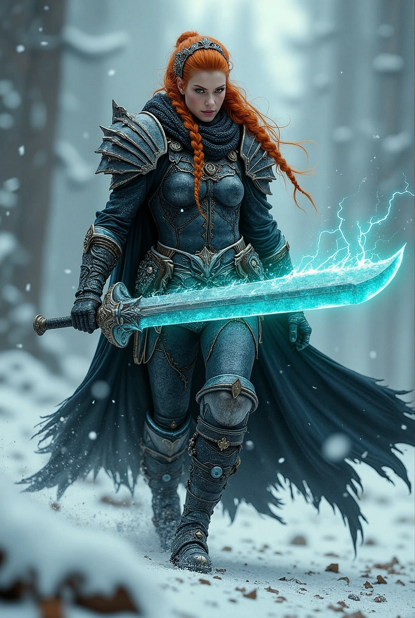 ((upper torso, armored female barbarian savage, battle worn black chrome lacquered armor, fur, black cloak, ((((thicc, round face)), [bright orange hair:dark hair:0.6]))), iceblue eyes, blackout eyeshadow, iron tiara), braids, massive glowing seafoam lightning engraved sword, windy, outdoor frozen snow snowy forest, dynamic battle pose, lunging
