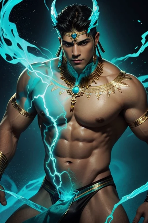 Illustration of a handsome Horus man, he is sexy and muscular, shirtless, his body is brown, his eyes are led turquoise, he is naked, there's a turquoise glow coming from his crotch, there's black and turquoise fog, turquoise flames, gold sparks, up close