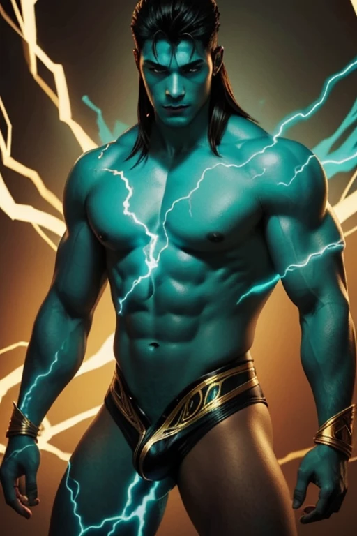 Illustration of a handsome Horus man, he is sexy and muscular, shirtless, his body is brown, his eyes are led turquoise, he is naked,  there's a turquoise glow coming from his crotch, there's black and turquoise fog, turquoise flames, gold sparks, up close