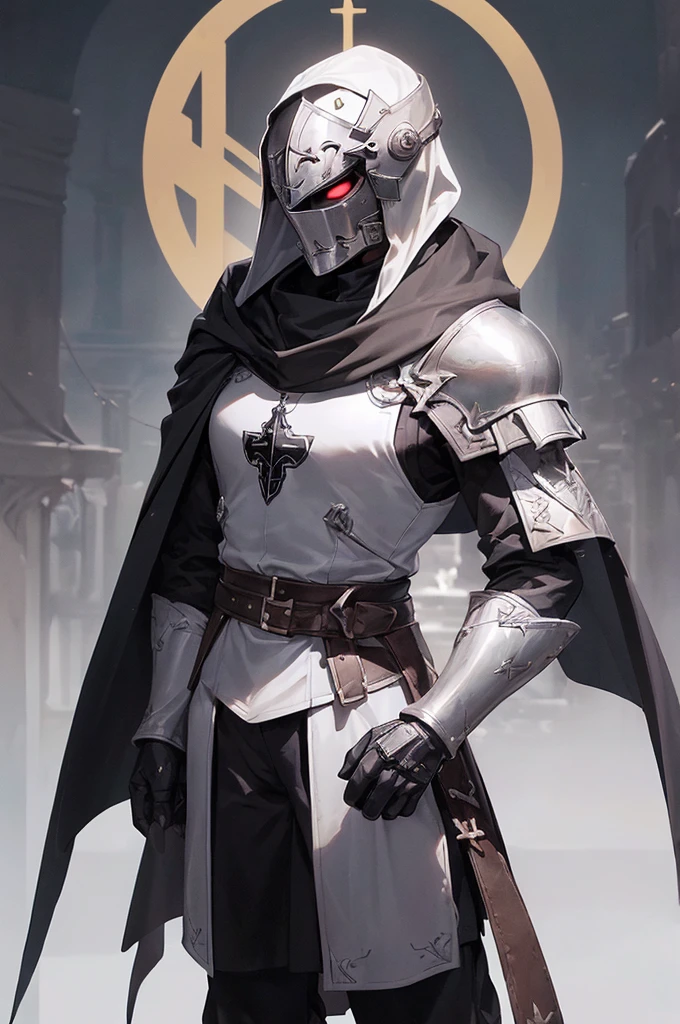(((masterpiece; best quality: 1.2))), ((1 templar)), ((solo)), (void eyes: 1.4), (body shape; toned, lean, masculine: 1.3), (beautiful and clear background: 1.2), ((depth of field)), (equipment: templar garb + surcoat with cross + chainmail shirt + closed helmet + leather gloves + black cloak : 1.3), (anime illustration: 1.2), (background composition; palace garden + plants: 1.1), (shot composition; standing + centered on head + bust close-up: 1.5)
