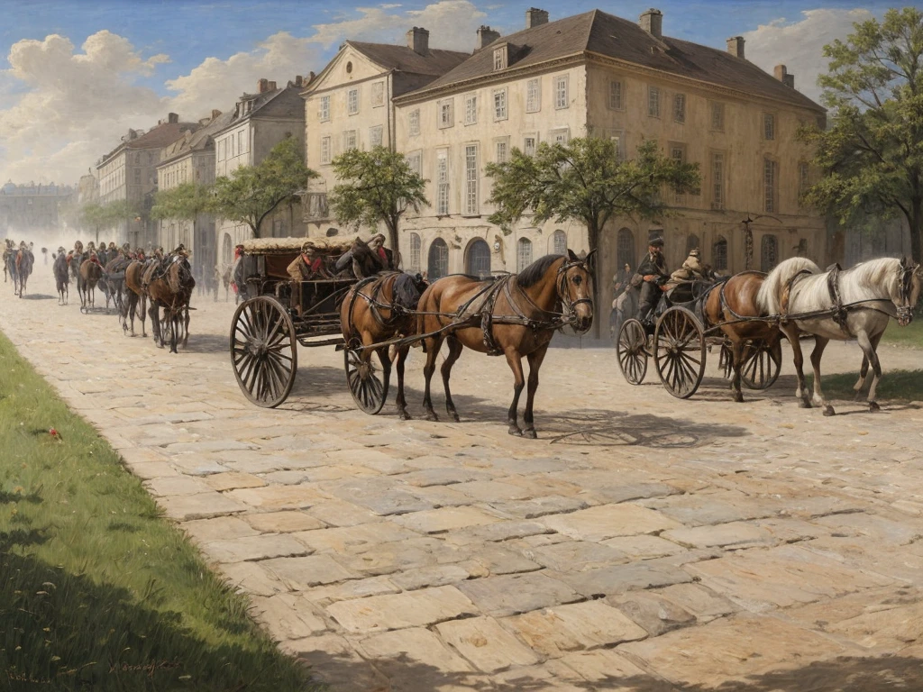 some citizens,realistic picture,early 19th century,in Europe street made stones,classical military man marching on the stone pavement,one horse-drawn carriage carry a coffin,