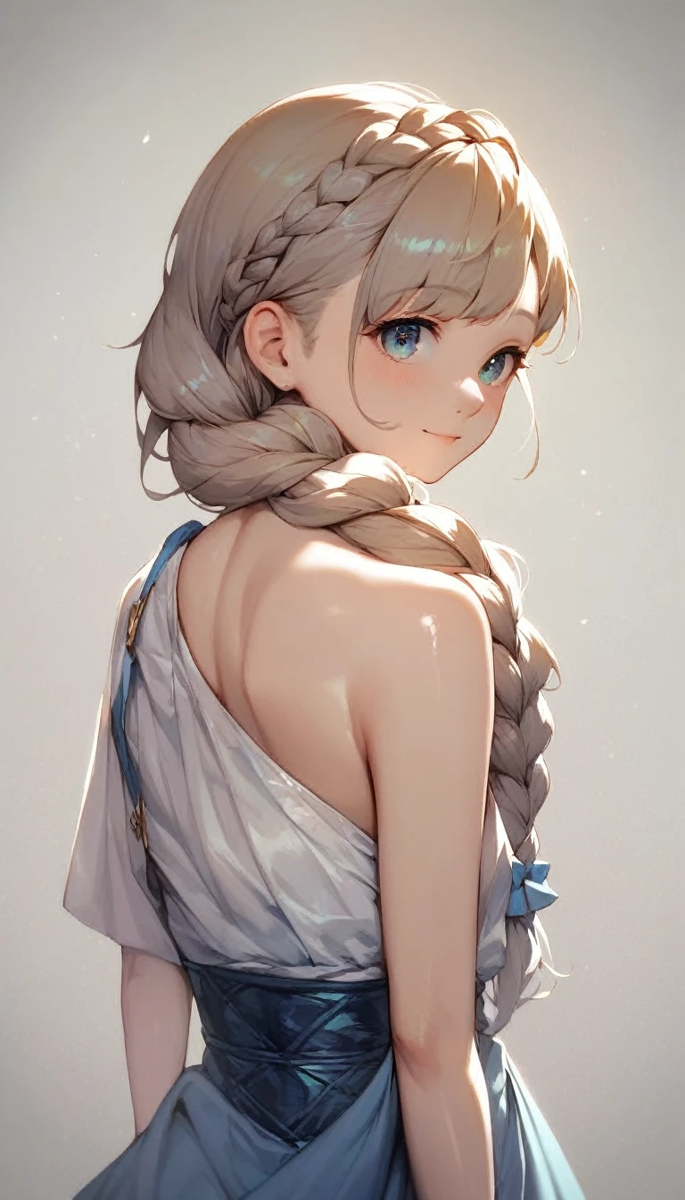 score_9, score_8_up, score_7_up,source_anime, high res image,masterpiece,best quality,girl,cute face,clear skin,shiny hair,half down braid,ultra detailed eyes,simple background,from behind