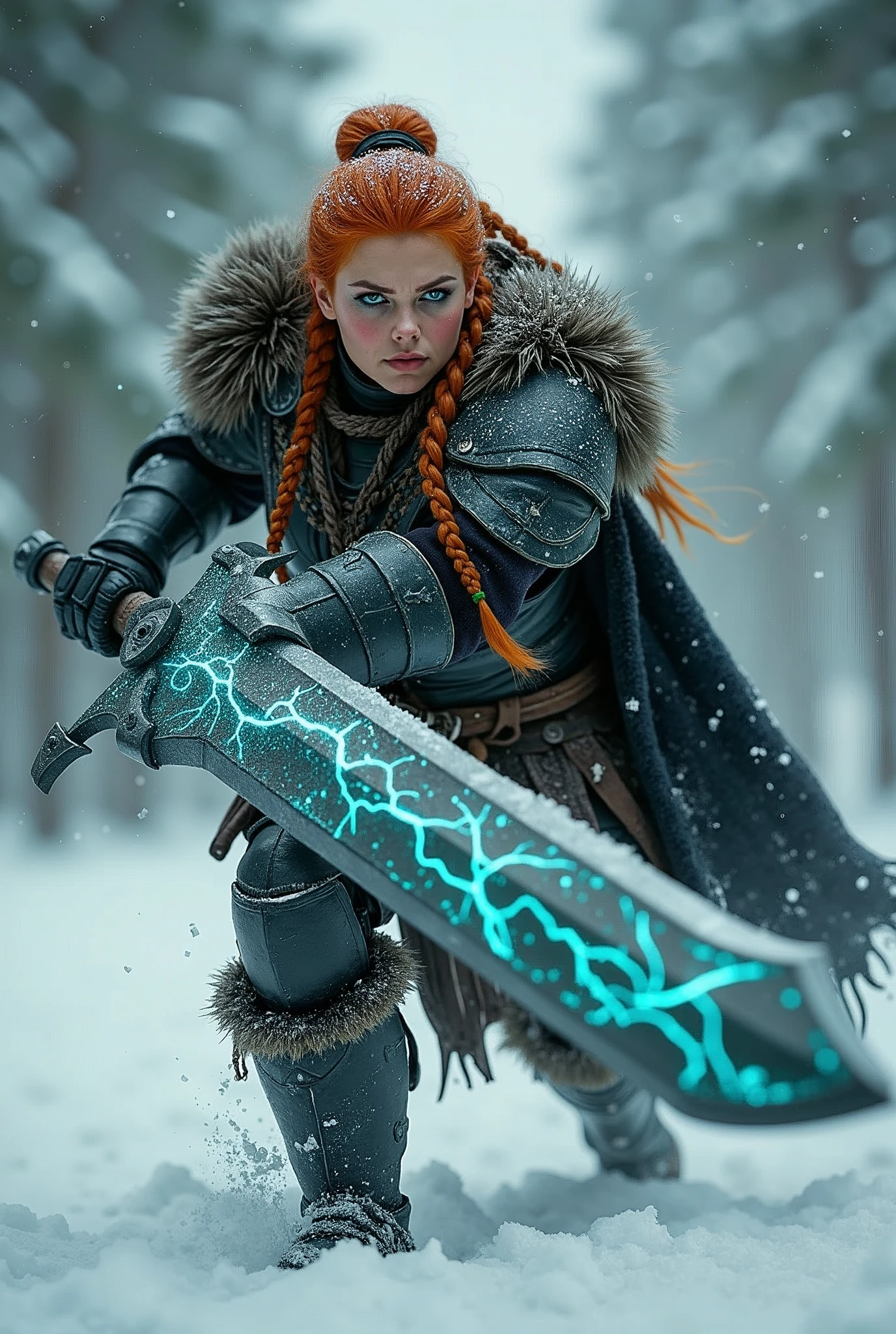 ((upper torso, armored female barbarian savage, battle worn black chrome lacquered armor, fur, black cloak, ((((thicc, round face)), [bright orange hair:dark hair:0.6]))), iceblue eyes, blackout eyeshadow, iron tiara), braids, massive glowing seafoam lightning engraved sword, windy, outdoor frozen snow snowy forest, dynamic battle pose, lunging

