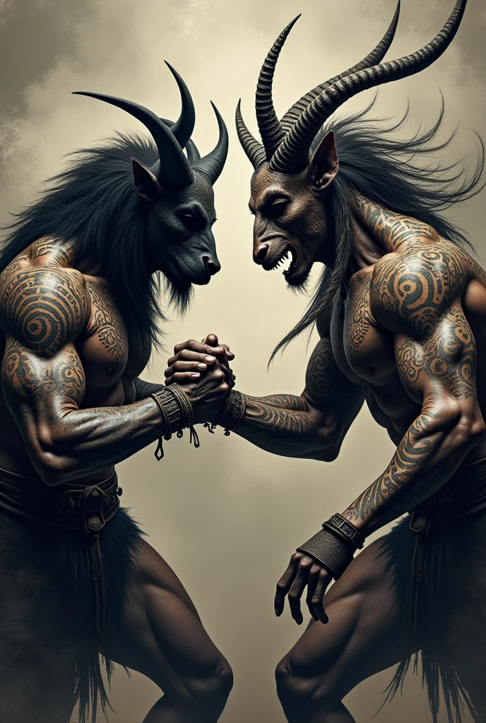 dark and grey tattoo design minotaur and anubis arm wrestling
handshake and both of character is a warrior concept and lot of polynesian tattoo