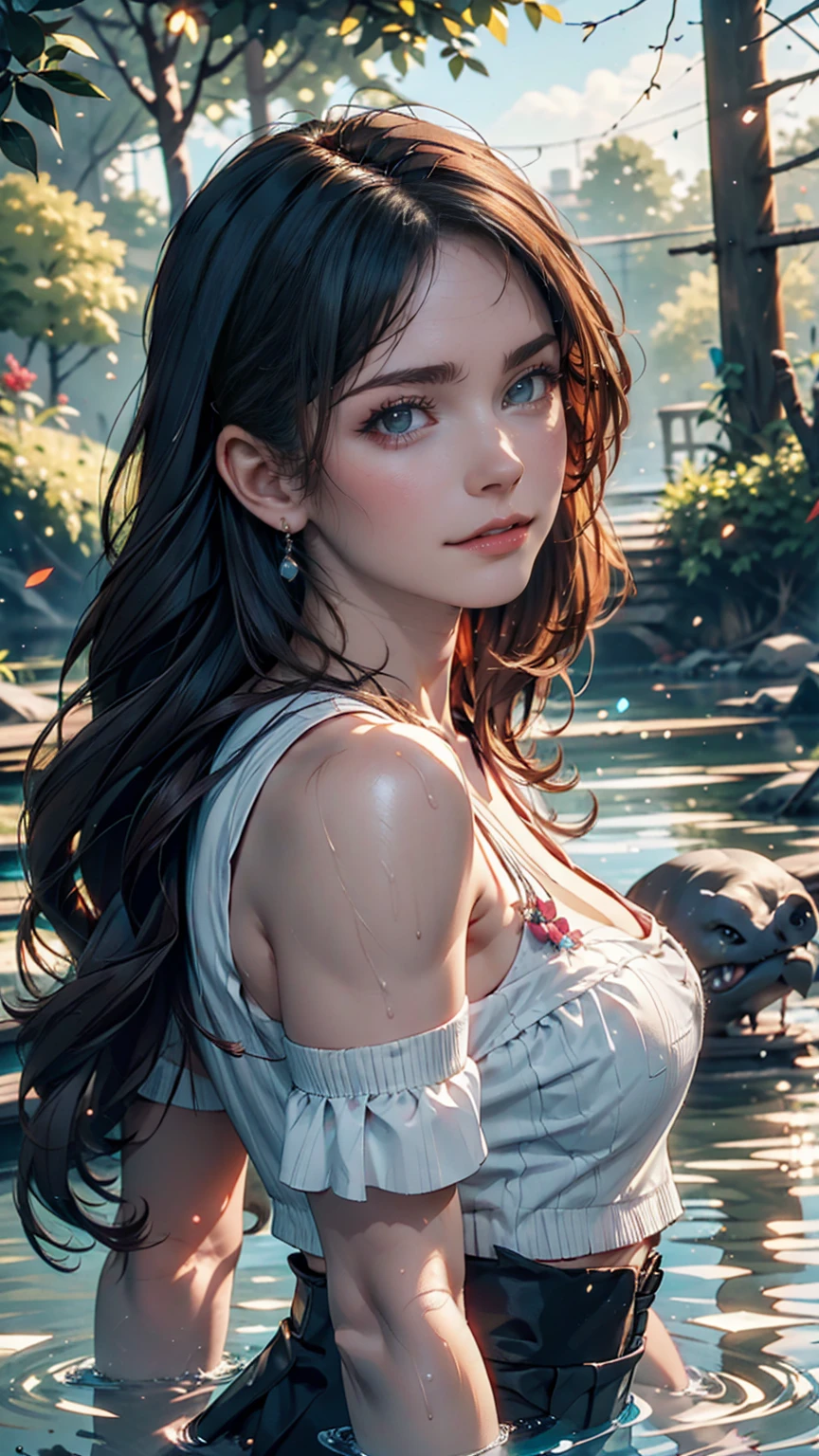 Maozonian indigenous girl, 18-year-old, Bathing in the river, In the middle of the forest, Jaguar watching from a distance, sad, Clockpunk, Gamer Core, Street Level View, Blender Rendering, 100mm, Sculpture, Rainbow colors, Medical Core, Strobe lighting, Ultra-realistic, Realistic, Octane Rendering, Unreal Engine, Super detailed, Volumetric lighting, High resolution, Octane Rendering, Fantasy 4K 8K