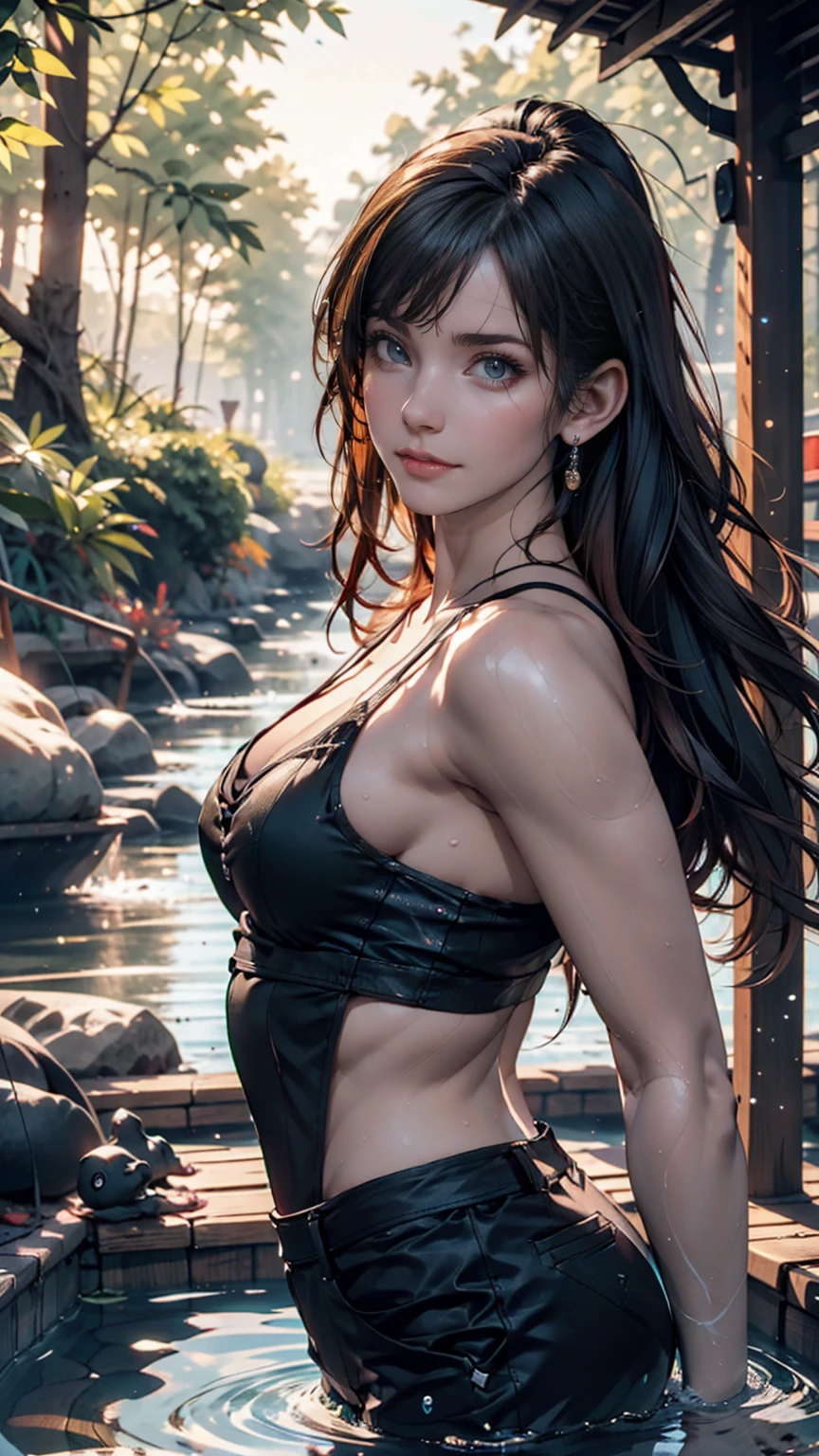 Maozonian indigenous girl, 18-year-old, Bathing in the river, In the middle of the forest, Jaguar watching from a distance, sad, Clockpunk, Gamer Core, Street Level View, Blender Rendering, 100mm, Sculpture, Rainbow colors, Medical Core, Strobe lighting, Ultra-realistic, Realistic, Octane Rendering, Unreal Engine, Super detailed, Volumetric lighting, High resolution, Octane Rendering, Fantasy 4K 8K
