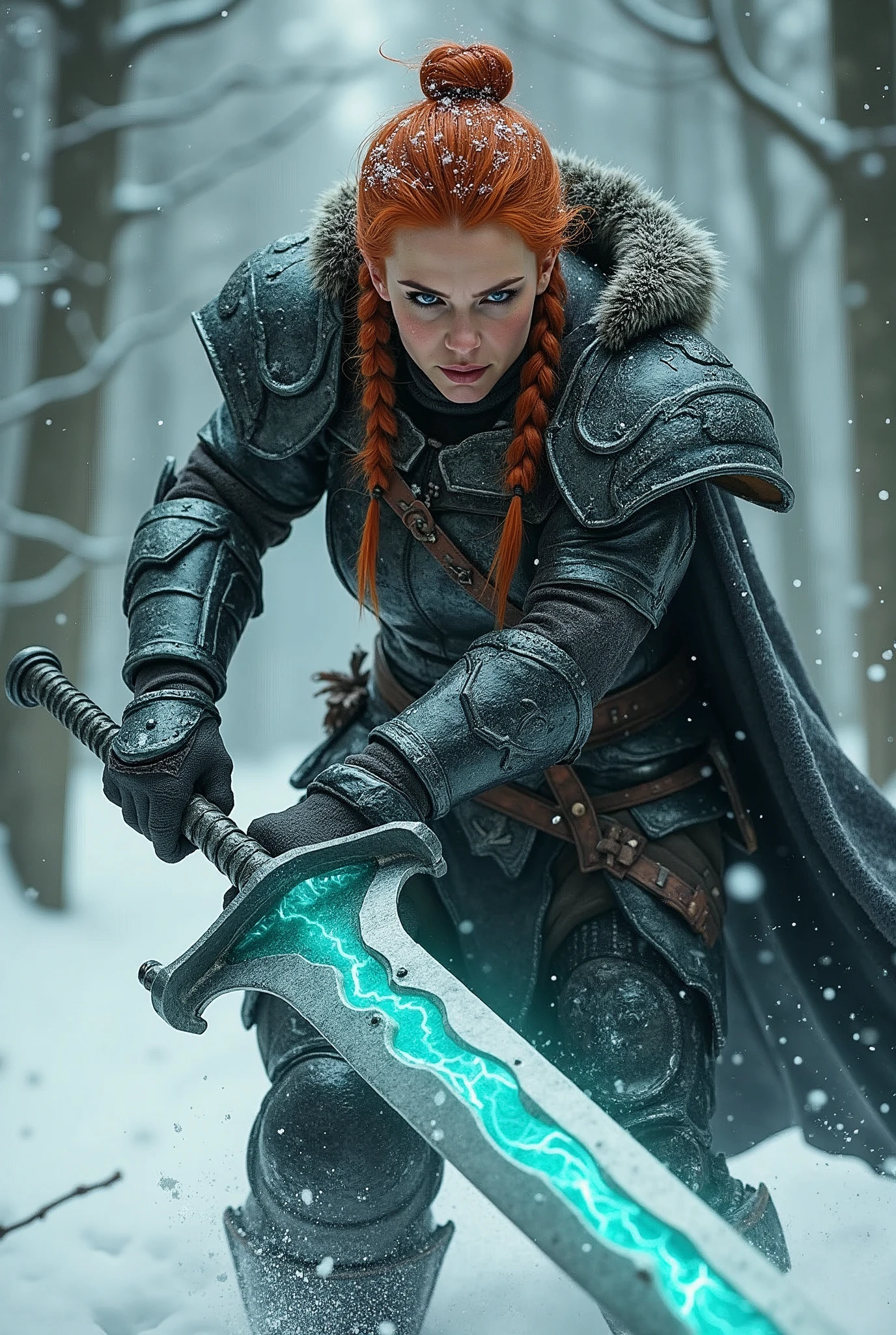 ((upper torso, armored female barbarian savage, battle worn black chrome lacquered armor, fur, black cloak, ((((thicc, square face)), [bright orange hair:dark hair:0.6]))), iceblue eyes, blackout eyeshadow, iron tiara), braids, massive glowing seafoam lightning engraved sword, windy, outdoor frozen snow snowy forest, dynamic battle pose, lunging
