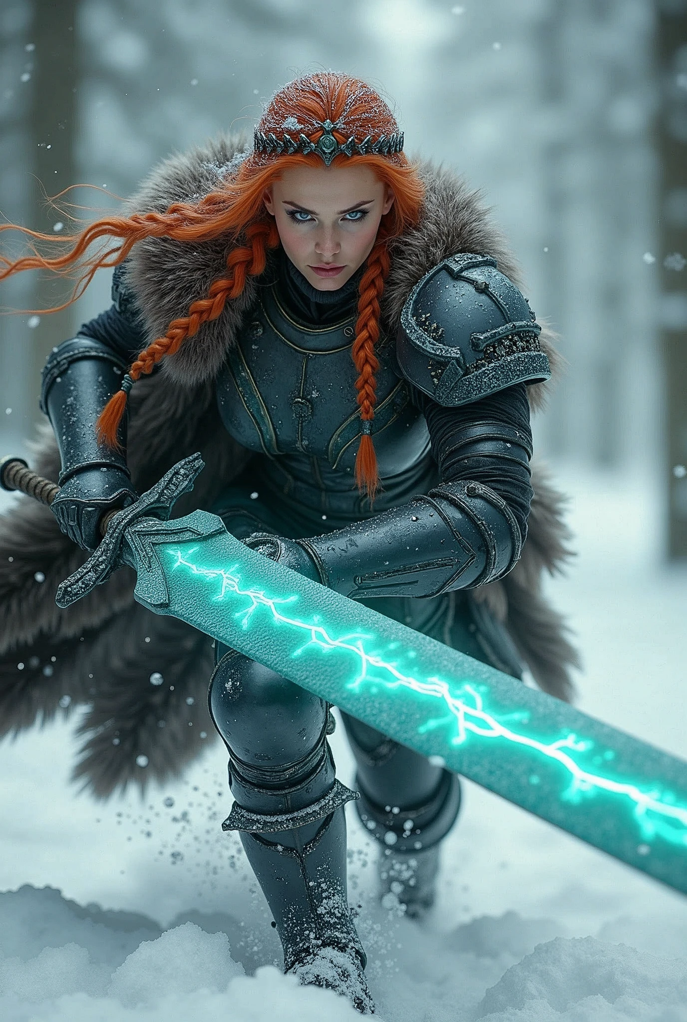 ((upper torso, armored female barbarian savage, battle worn black chrome lacquered armor, fur, black cloak, ((((thicc)), [bright orange hair:dark hair:0.6]))), iceblue eyes, blackout eyeshadow, iron tiara), braids, massive glowing seafoam lightning engraved sword, windy, outdoor frozen snow snowy forest, dynamic battle pose, lunging
