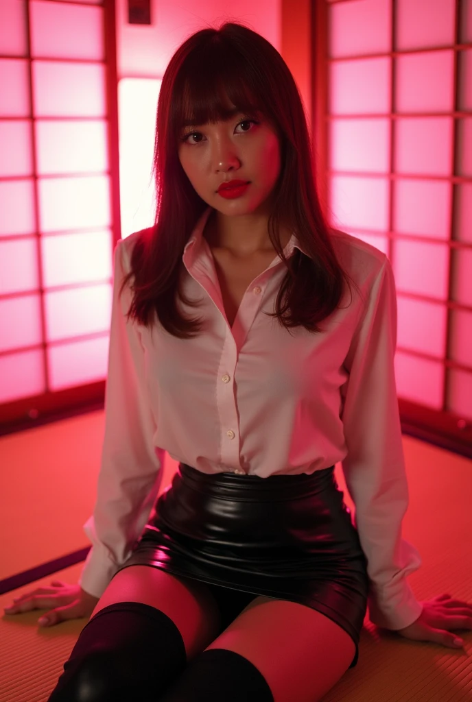 ((Japanese Idols))　Mature Woman　((Plump, bright red lips with lipstick))　Big Breasts　Chubby　A healthy figure　((Brown hair with bangs))　((Looking into the camera))　Sit with your legs apart　((White button-up shirt with black patent leather tight skirt and black stockings))　　布団の上にSit with your legs apart　look down　((A bedroom with shoji and tatami mats lit up in pink neon lights))　