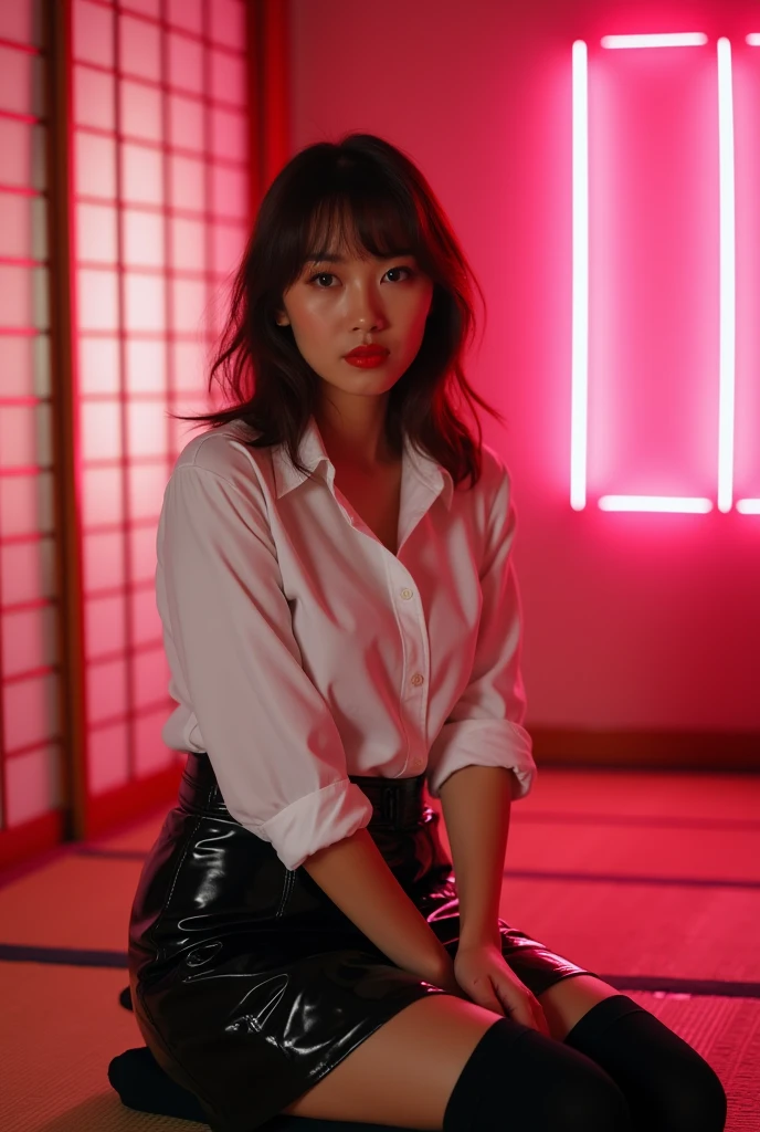 ((Japanese Idols)) Mature Woman ((Plump, bright red lips with lipstick)) Big Breasts Chubby A healthy figure ((Brown hair with bangs)) ((Looking into the camera)) Sit with your legs apart ((White button-up shirt with black patent leather tight skirt and black stockings)) 布団の上にSit with your legs apart look down ((A bedroom with shoji and tatami mats lit up in pink neon lights))