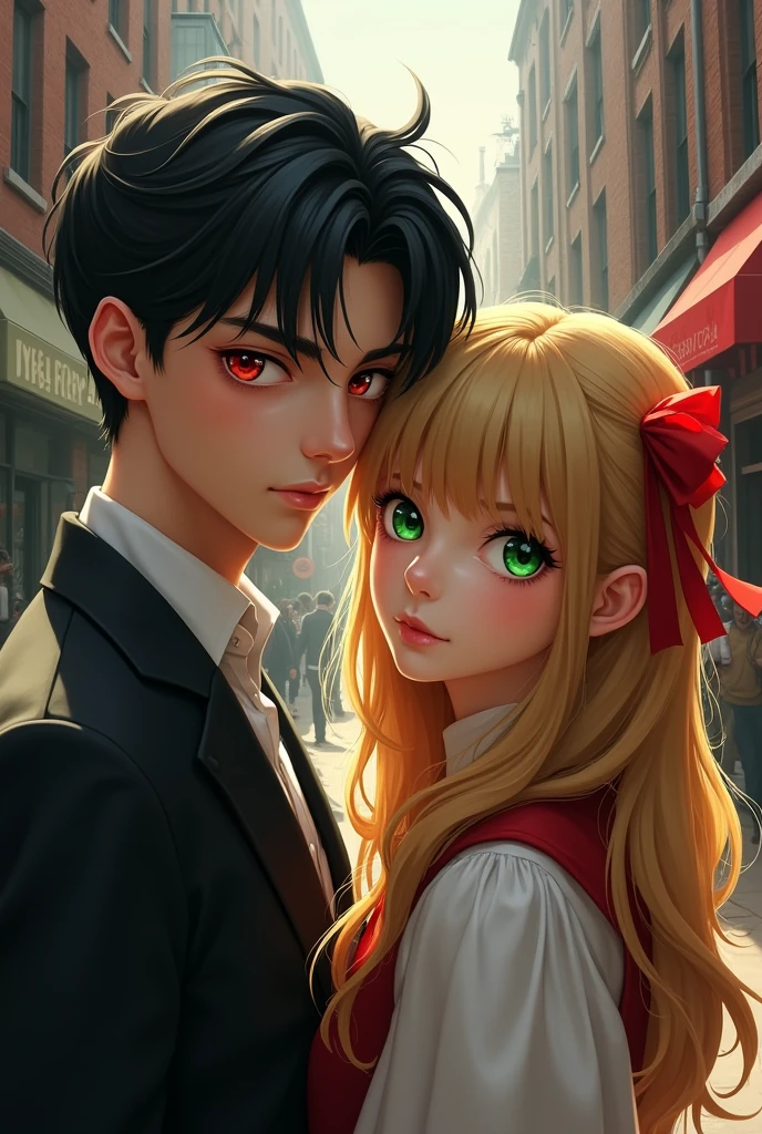 Handsome boy with red eyes, black hair, Next to her a beautiful girl with golden hair and emerald eyes and bangs a red ribbon, In the background there is a street with lots of people and there is only one store with red bricks that has horror and mystery in the image