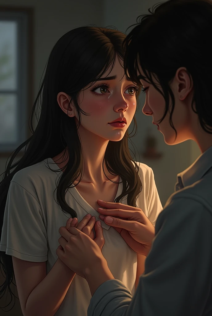 A woman is crying and someone comes to comfort her.