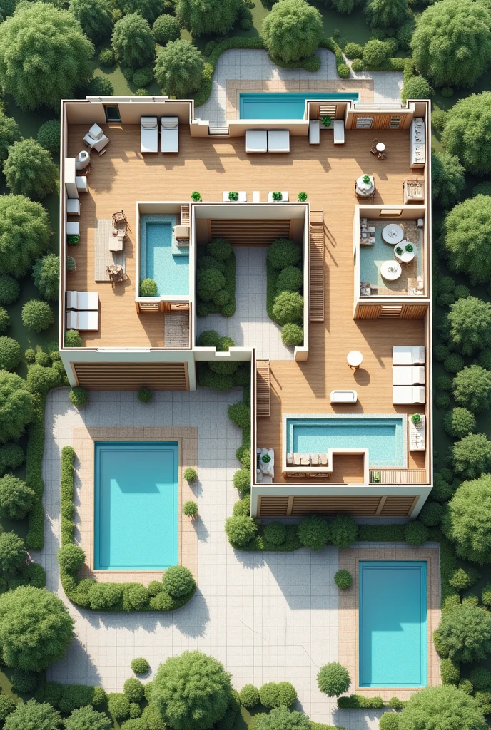 2D hotel floor plan showing the reception area first, a restaurant, The recreation space, the rooms, A SPA area, An area for people with disabilities, 3 swimming pools, Connection with green areas, That can be like an open space, The L-shaped parking lot One part in front and the rest alongside, 2 pools for dirty water in the green area outside the hotel
