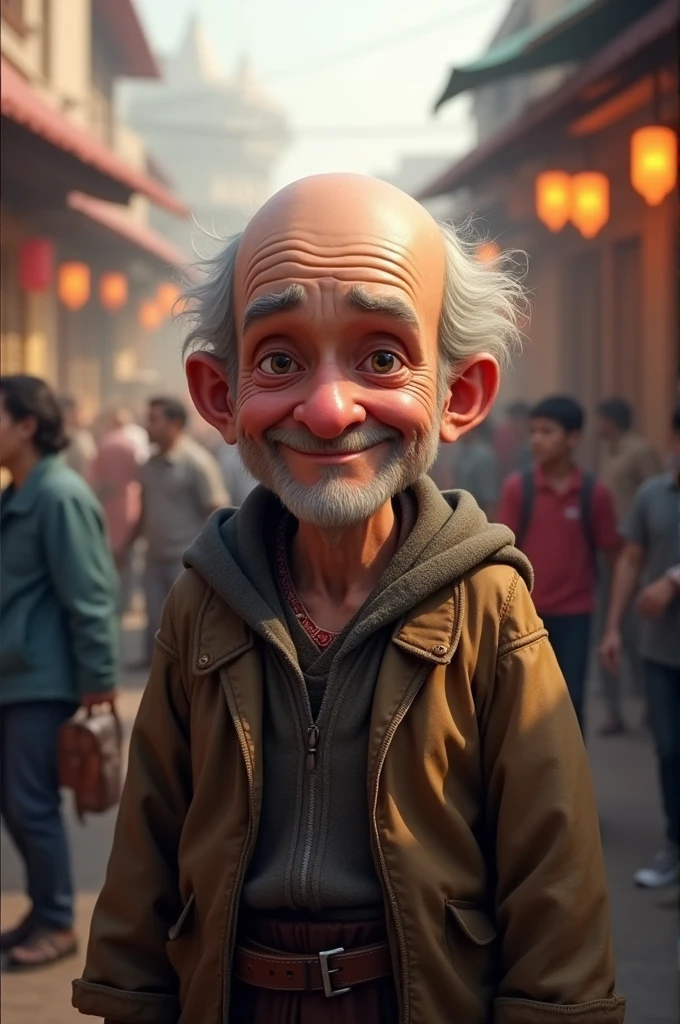 A kind-looking bald old man。There's a lot of activity around