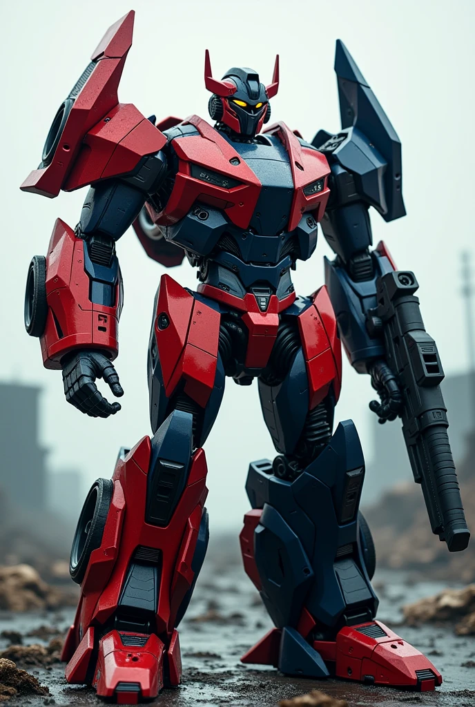A red and dark blue robot capable of transforming into a Lamborghini Aventador fused with an M1126 Stryker 1/72; with a cannon on his right arm