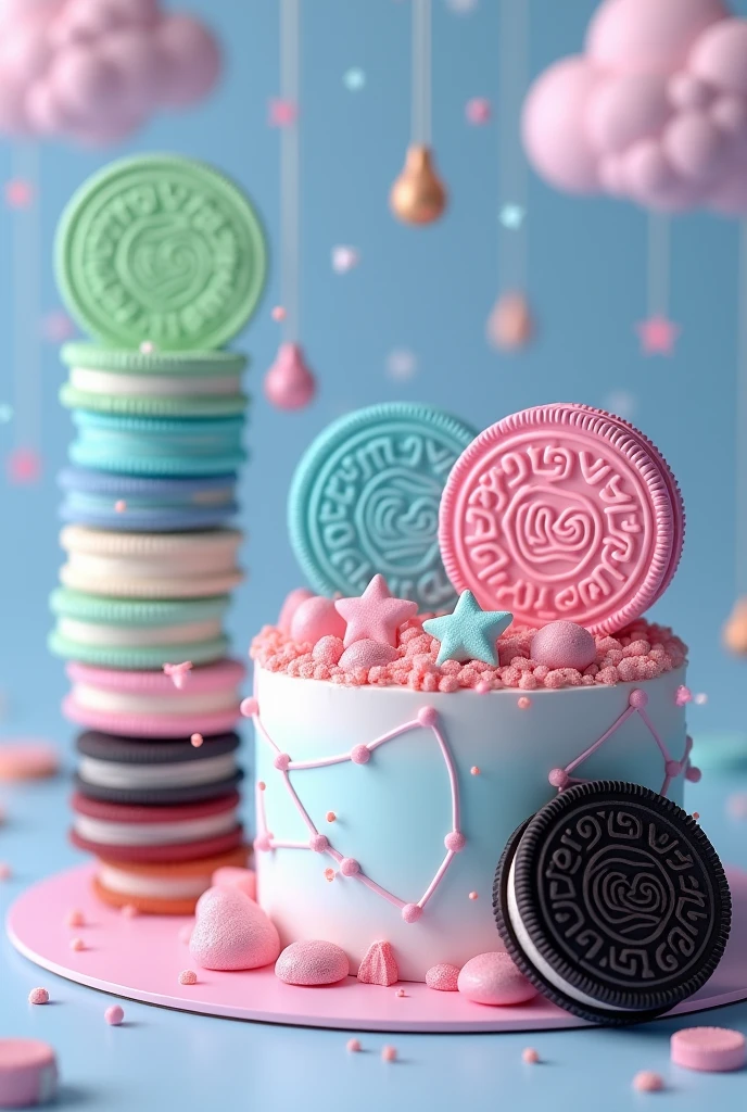 Make 4 Oreos, 1 cake has 1 filling color, green, blue, white and red pastel, with constellation printed on the cake and oreo brand name, Add constellation printed packaging