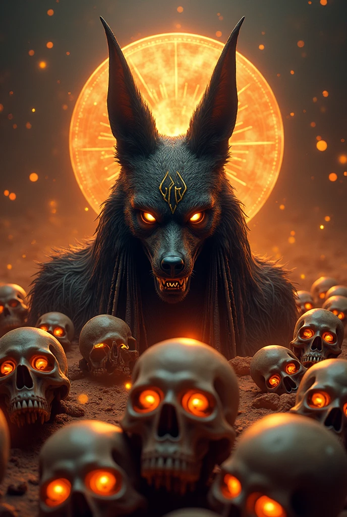 realistic 6.5 inches 
anubis logo looking furious, surrounded by skulls with burning eyes, with name "ANUBIS", his backround is zodiac sign, photo size is 9×16, realistic photo, professional photography, UHD, HDR, 16k , high resolution