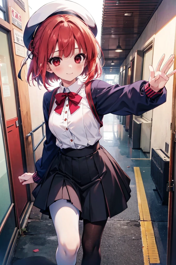 1girl, shintarou style, Arima Kana,Red hair,Red Eye, bob hair,Navy beret, white blouse, navy school uniform, navy inner sweater, pink ribbon on chest, gray skirt, Black pantyhose, big smile,open mouse,He comes running towards me, waving his hands enthusiastically.,Daytime